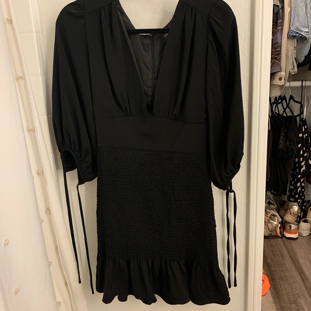 Black smocked mini dress
